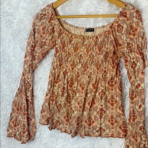 Vintage boho peasant top orange beige cinched bust